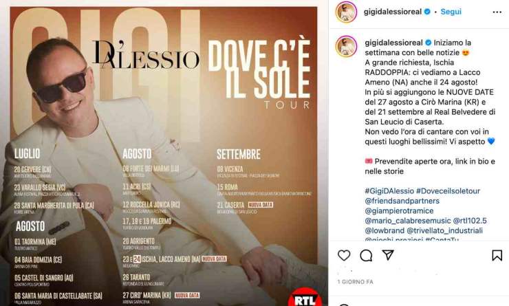 Gigi D'Alessio: date tour estivo